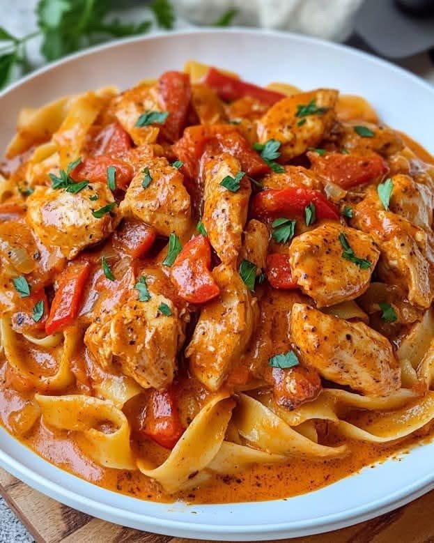 Cremiges Paprika-Sahne-Hähnchen mit Bandnudeln