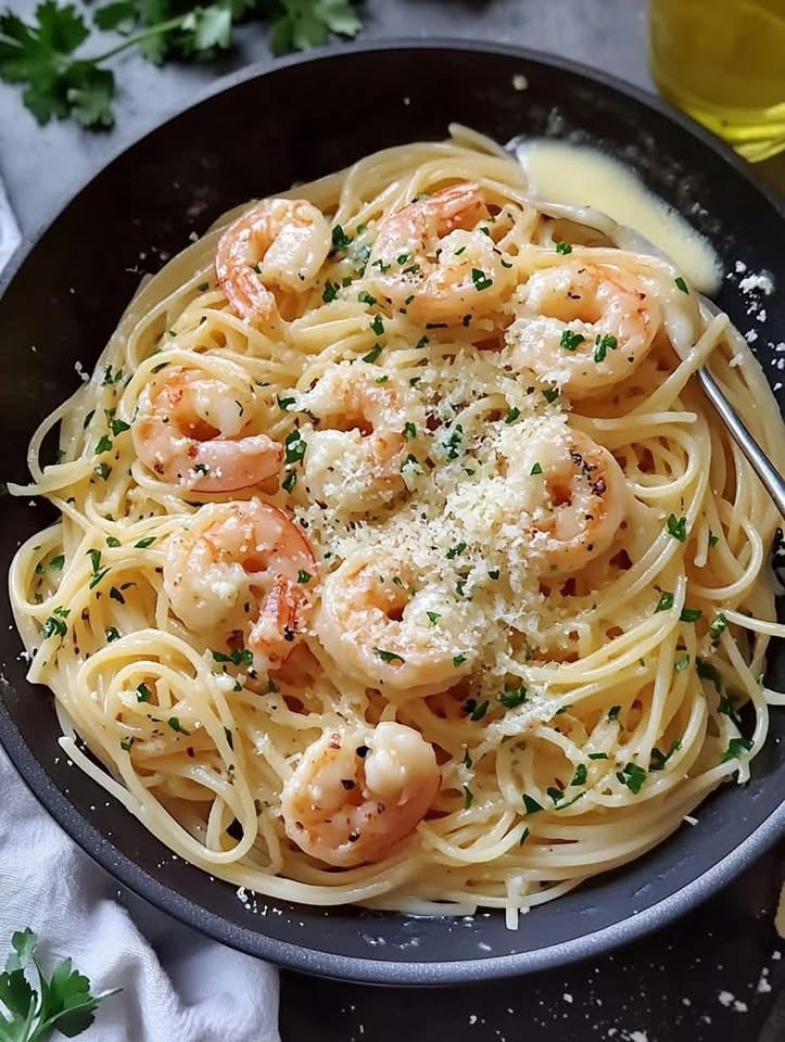 Spaghetti mit Garnelen & Knoblauch-Parmesan-Soße