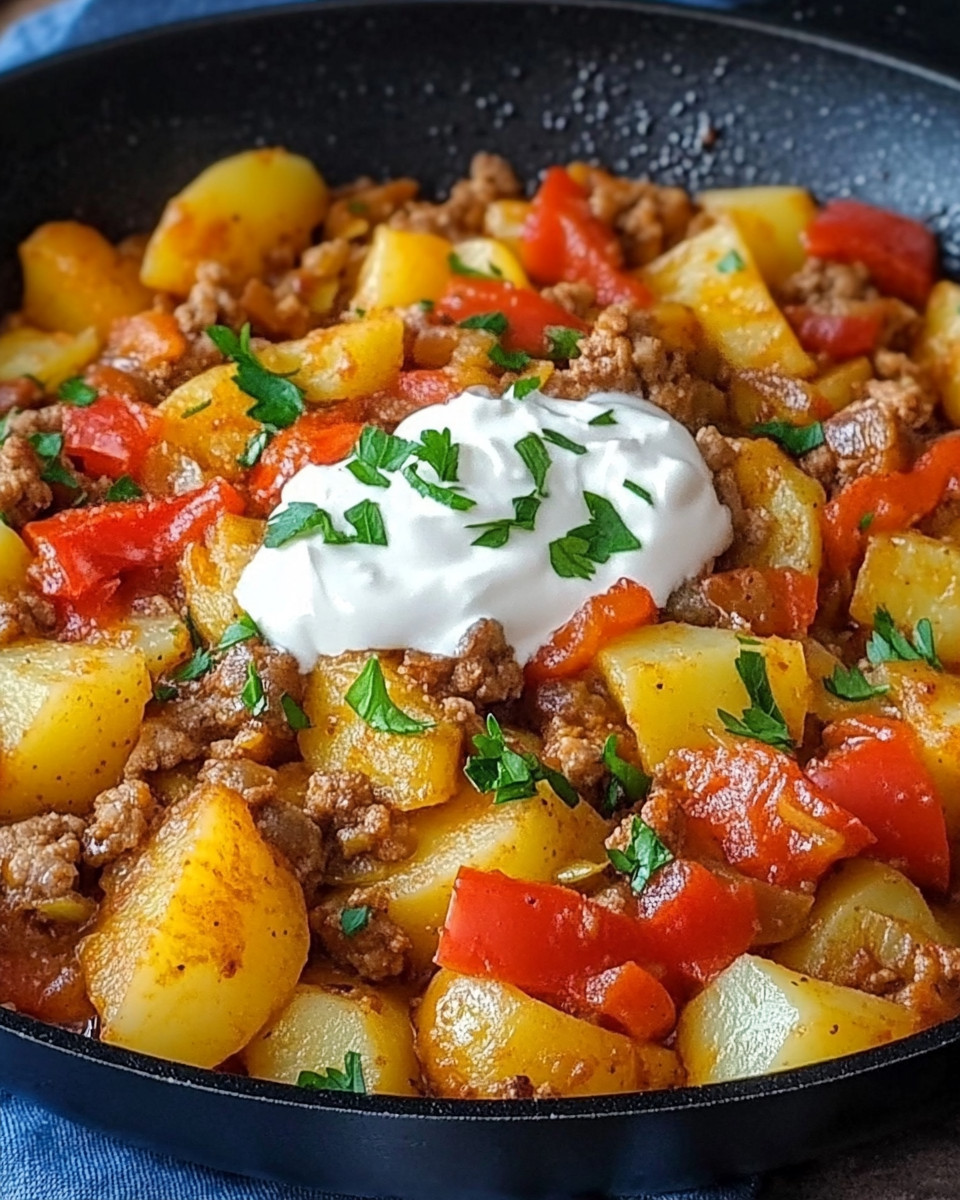 Kartoffel-Paprika-Pfanne mit Hackfleisch und Créme Fraîche