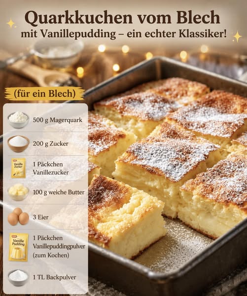 Quarkkuchen vom Blech mit Vanillepudding